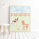 Set of 3 watercolor farm print with horse, duck and cow for toddler room  decor.