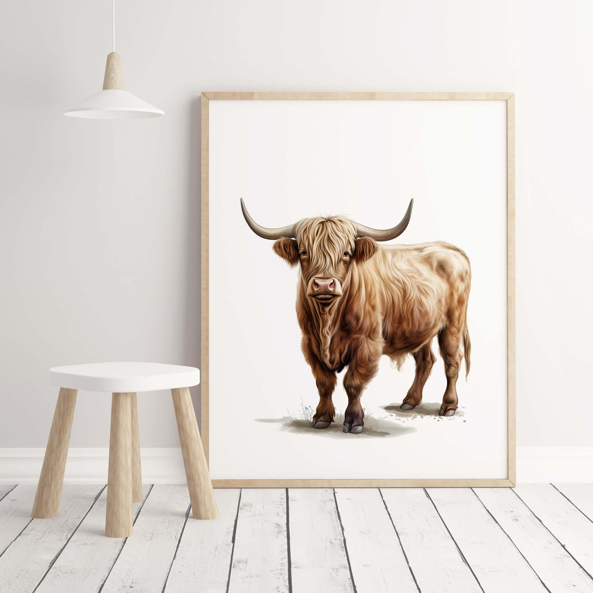 Farm realistic animal with highland cow  print for rustic home decor, farm home decor and gender neutral nursery decor.