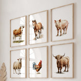 Set of 6 farm realistic animals print for rustic home decor, farm home decor and gender neutral nursery decor.