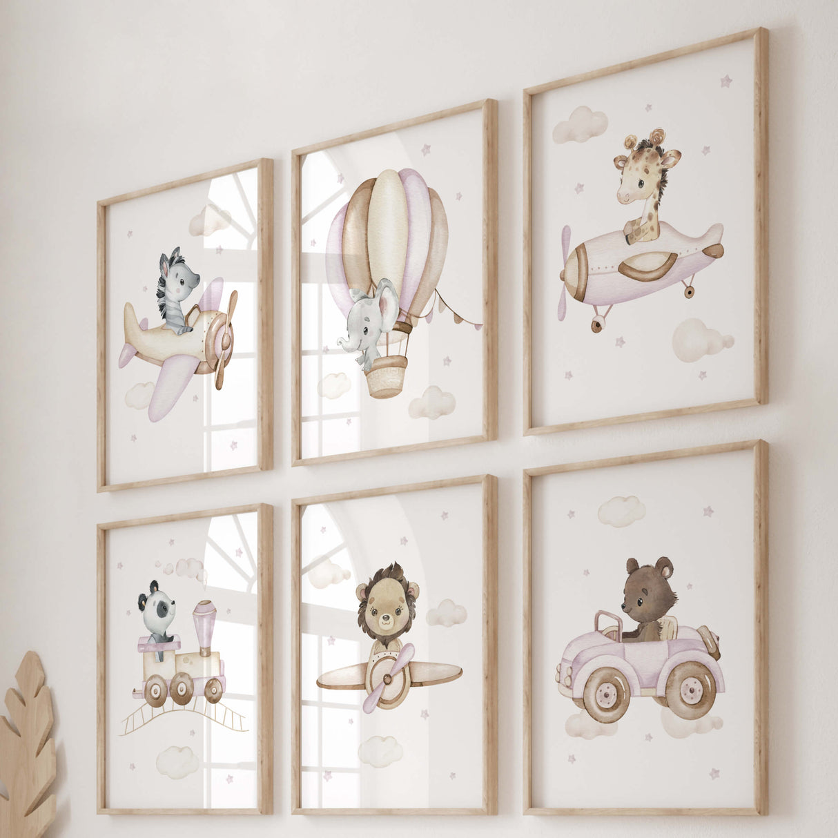 Set of 6 watercolor safari animals with airplane,car and train print for baby girls nursery decor.