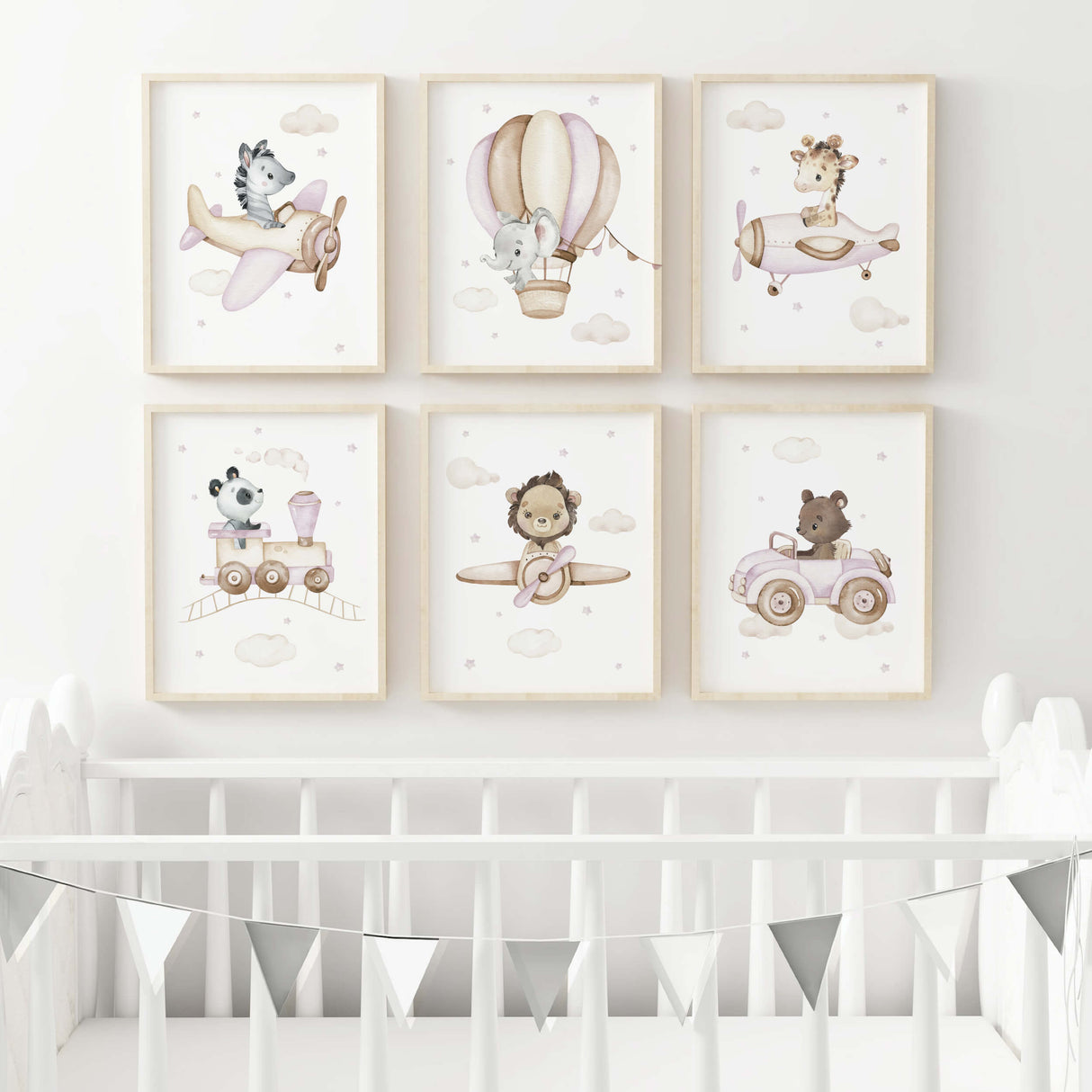 Set of 6 watercolor safari animals with airplane,car and train print for baby girls and neutral nursery decor.