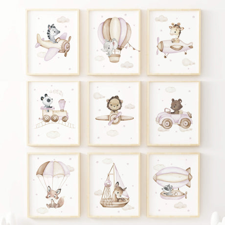 Set of 10 flying animals with safari and woodland animals, airplane, hot air balloon, ship, airship, car for girls nursery decor.