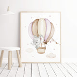 Watercolor elephant with hot air balloon poster for baby girls nursery decor.