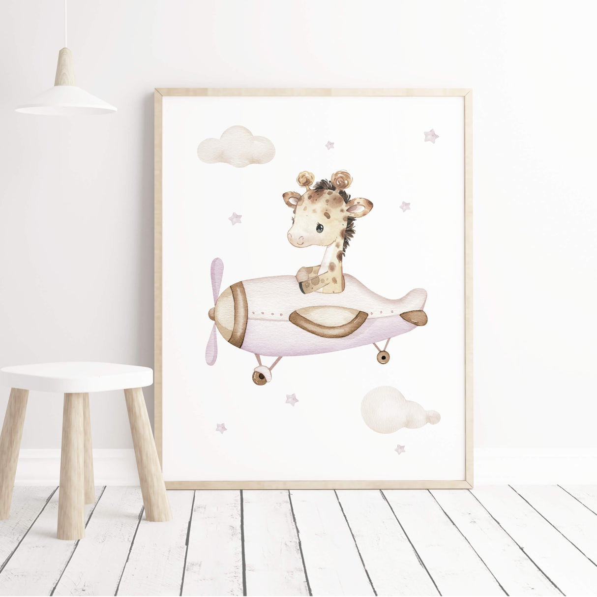 Watercolor giraffe with airplane printable for baby girls nursery decor.