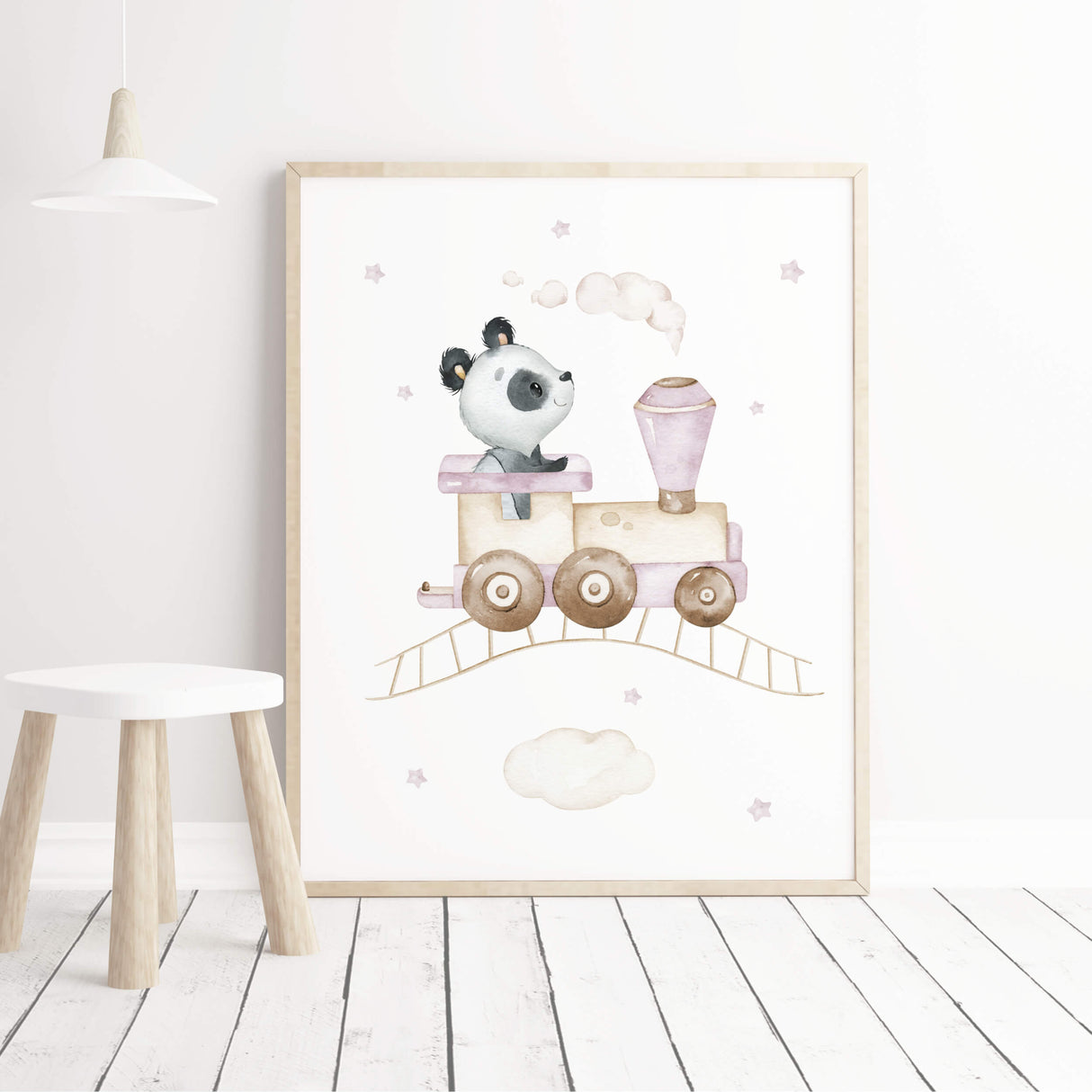 Watercolor panda with train in the air for baby girls nursery decor.