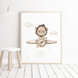 Safari print with lion and airplane for neutral nursery decor, boys room decor, girls room decor in brown and beige colors.