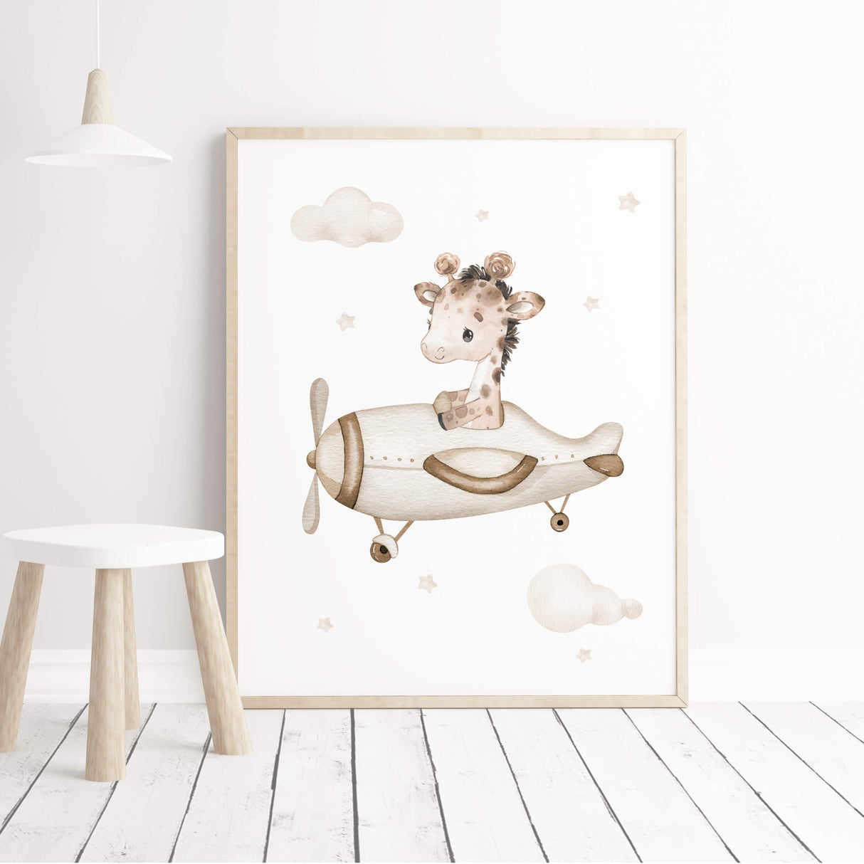 Giraffe with airplane print for neutral nursery decor, boys room decor, girls room decor in brown and beige colors.