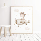 Giraffe with airplane print for neutral nursery decor, boys room decor, girls room decor in brown and beige colors.