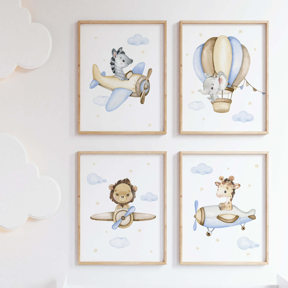 Set of 4 watercolor flying safari animals with giraffe, zebra, lion, elephant, hot air balloon, airplane for toddler and boys room decor in blue, brown, yellow colors.