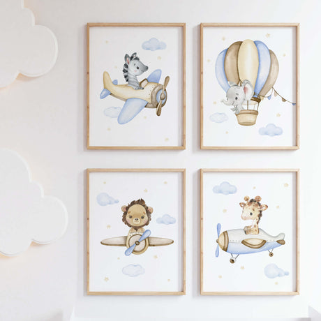 Set of 4 watercolor flying safari animals with giraffe, zebra, lion, elephant, hot air balloon, airplane for toddler and boys room decor in blue, brown, yellow colors.