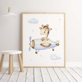 Watercolor giraffe with airplane print for toddler and boys room decor in light blue, yellow, brown colors.