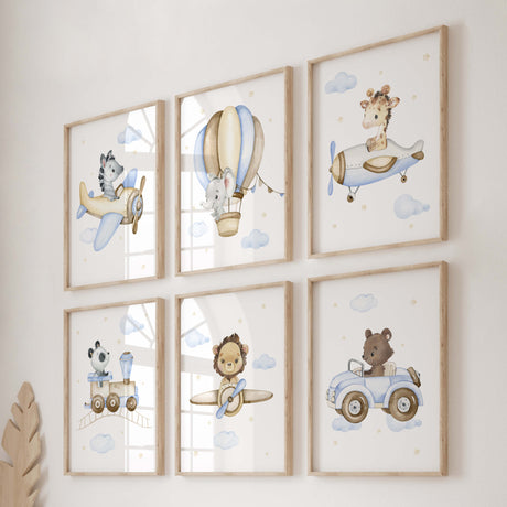 Set of 6 flying safari animals with airplane, hot air balloon, car, train, hot air balloon for toddler and boys room decor in blue, brown and yellow colors.