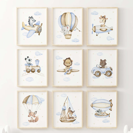 Set of 10 flying safari animals with airplane, car, train, airship, hot air balloon, giraffe, zerbra, lion, elephant print for toddler and boys room decor in light blue, yellow, brown colors.