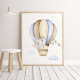 Watercolor elephant with hot air balloon print for toddler and boys room decor in light blue, yellow, brown colors.