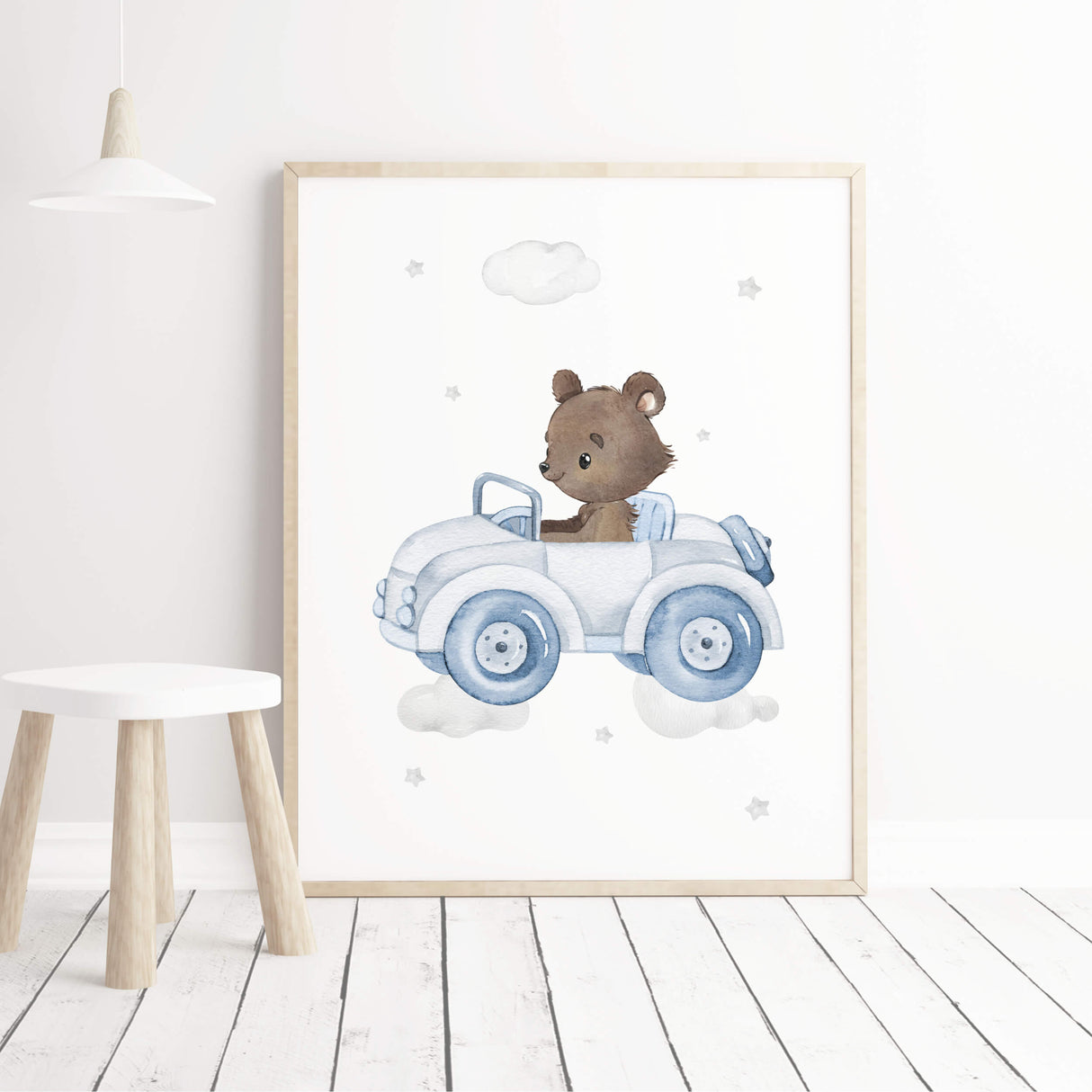 Watercolor bear with car in air print for toddler and boys room decor in blue and gray colors.