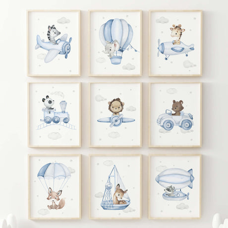 Set of 10 safari and woodland animals with airplane, car, train, hot air balloon, airship, ship in air print for toddler and boys room decor in light blue and gray colors.