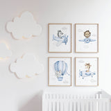 Set of 4 safari animals with airplane and hot air balloon print for toddler and boys room decor in light blue and gray colors.