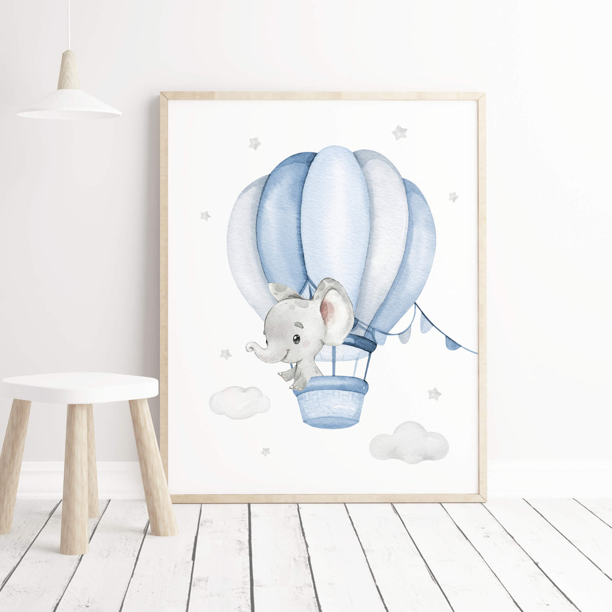 Watercolor elephant with hot air balloon in air print for toddler and boys room decor in blue and gray colors.