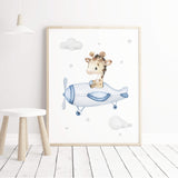 Watercolor giraffe with airplane in air print for toddler and boys room decor in blue and gray colors.