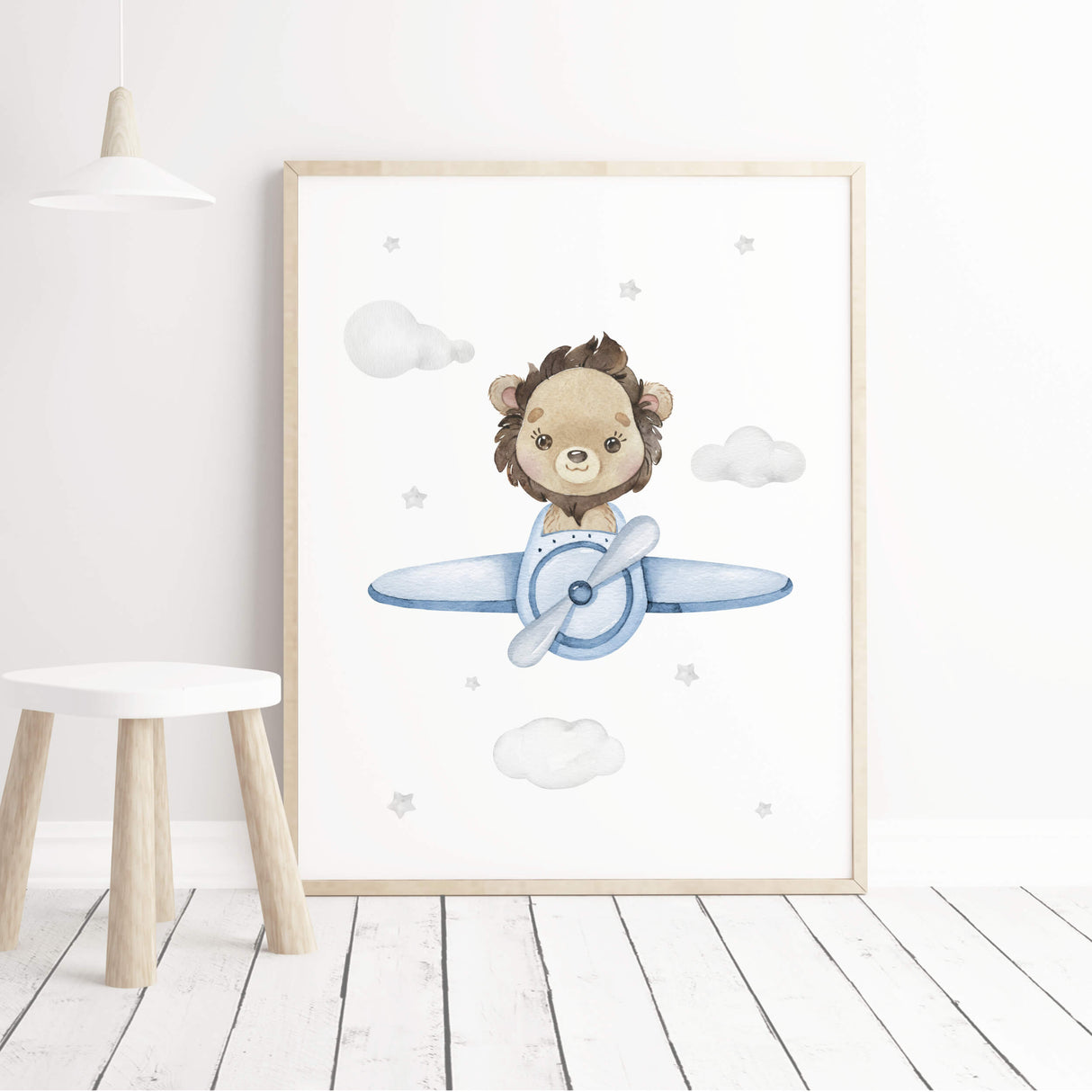 Watercolor lion with airplane print for toddler and boys room decor in blue and gray colors.