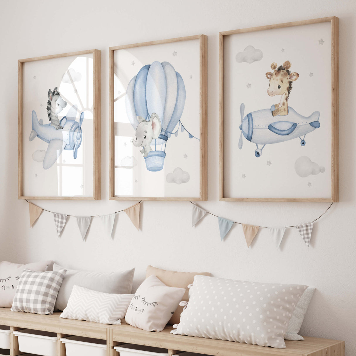 Set of 3 safari animals with airplane and hot air balloon print for toddler and boys room decor in light blue and gray colors.