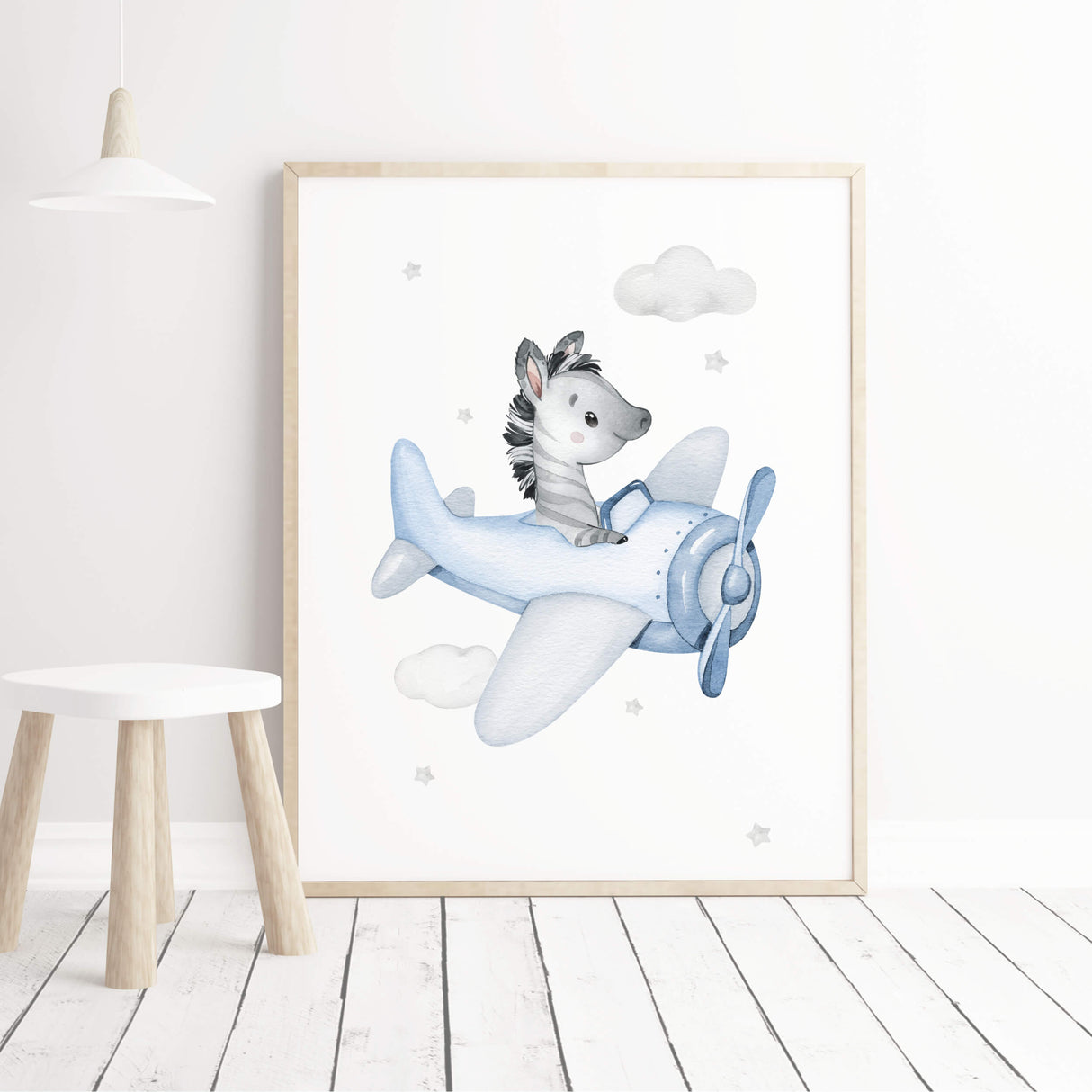 Watercolor zebra with airplane in air print for toddler and boys room decor in blue and gray colors.