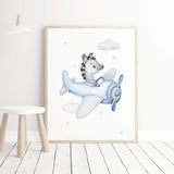 Watercolor zebra with airplane in air print for toddler and boys room decor in blue and gray colors.