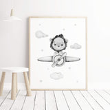 Lion with airplane print for neutral nursery decor, sage green nursery decor, black and white nursery decor, gray nursery decor.