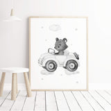 Bear with car print for neutral nursery decor, sage green nursery decor, black and white nursery decor, gray nursery decor.