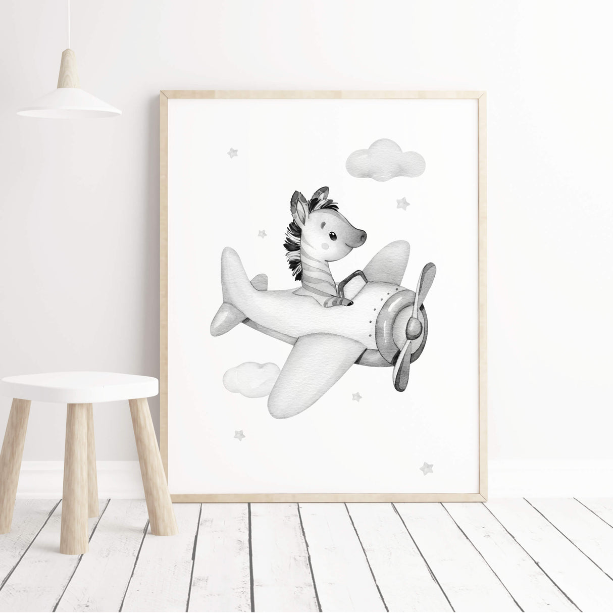 Zebra with airplane print for neutral nursery decor, sage green nursery decor, black and white nursery decor, gray nursery decor.