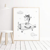 Giraffe with airplane print for neutral nursery decor, sage green nursery decor, black and white nursery decor, gray nursery decor.