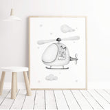 Bunny with helicopter print for neutral nursery decor, sage green nursery decor, black and white nursery decor, gray nursery decor.