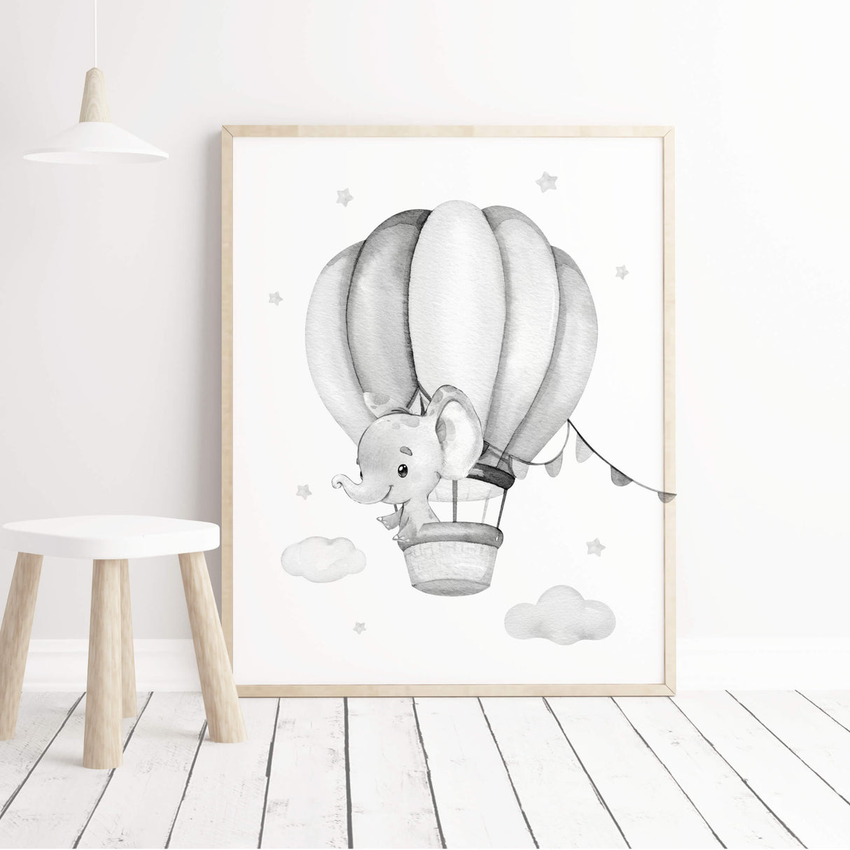 Elephant with hot air balloon print for neutral nursery decor, sage green nursery decor, black and white nursery decor, gray nursery decor.