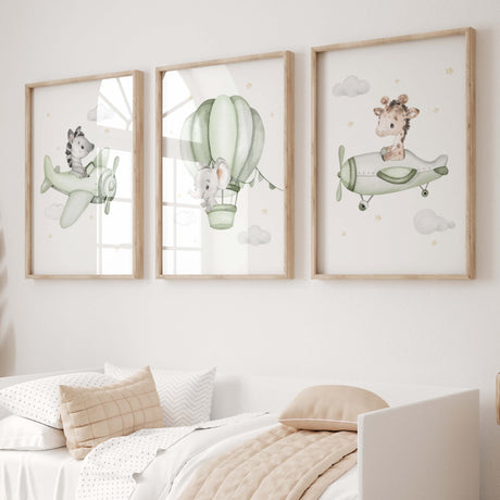 Set of 3 watercolor sage green safari animals with airplane, hot air balloon, car, train print for toddler and baby boys room decor in sage green, gray and yellow colors.