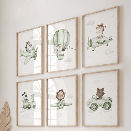 Set of 6 watercolor sage green safari animals with airplane, hot air balloon, car, train print for toddler and baby boys room decor in sage green, gray and yellow colors.