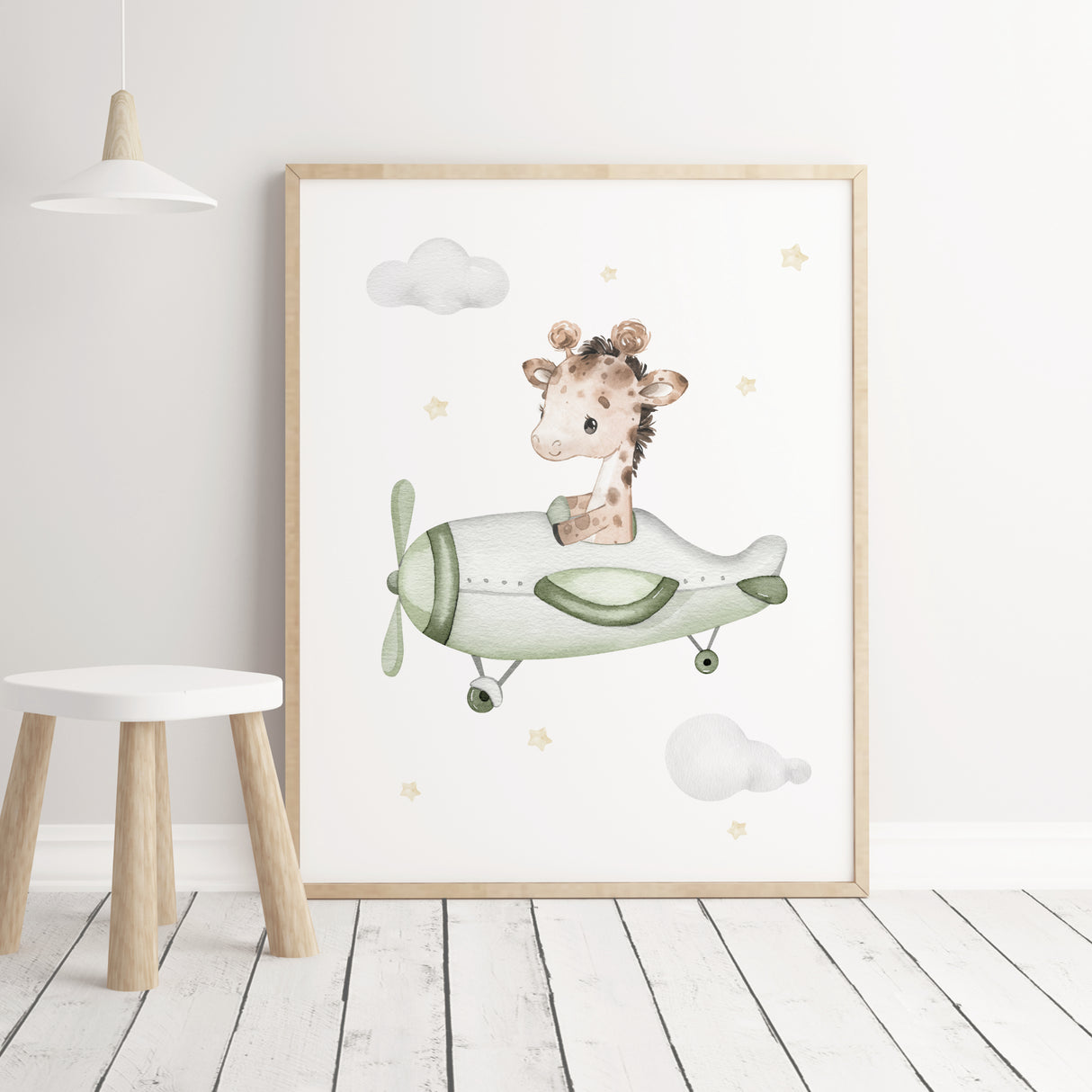 Watercolor giraffe with sage green airplane print for toddler and baby boys room decor in sage green, gray and yellow colors.