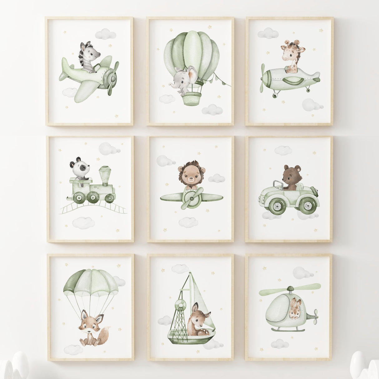 Set of 10 watercolor sage green safari animals with airplane, hot air balloon, car, train, airship, ship, helicopter print for toddler and baby boys room decor in sage green, gray and yellow colors.