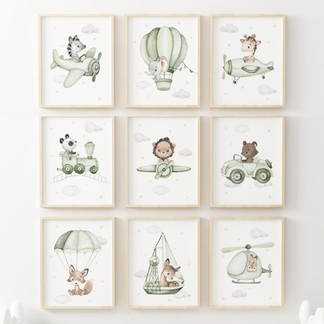 Set of 10 watercolor sage green safari animals with airplane, hot air balloon, car, train, airship, ship, helicopter print for toddler and baby boys room decor in sage green, gray and yellow colors.