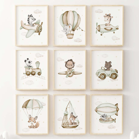 Watercolor safari animals with airplane, helicopter, airship, ship, train, car print for neutral nursery decor, boho nursery decor, boys room decor in sage green, brown, beige colors.