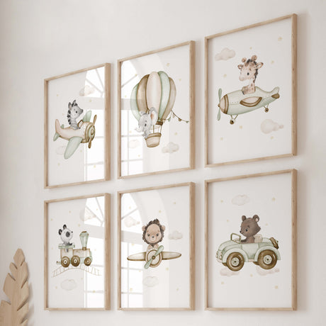 Watercolor safari animals with airplane, helicopter, airship, ship, train, car print for neutral nursery decor, boho nursery decor, boys room decor in sage green, brown, beige colors.