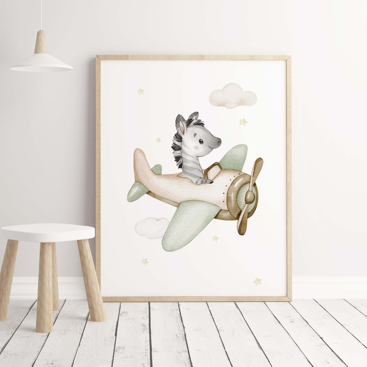 Zebra with airplane print for neutral nursery decor, boho nursery decor, boys room decor in sage green, brown, beige colors.