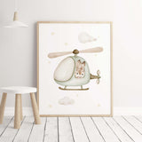 Bunny in the air with helicopter print for neutral nursery decor, boho nursery decor, boys room decor in sage green, brown, beige colors.