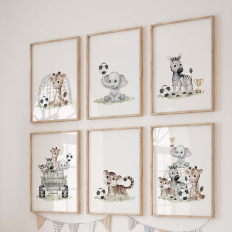 Watercolor soccer nursery printable with safari animals for toddler room decor and baby boys room decor.