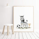 Watercolor soccer nursery print with zebra for toddler room decor and baby boys room decor.