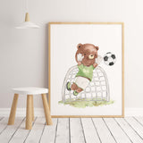 Watercolor soccer bear print for toddler room decor and baby boys room decor.