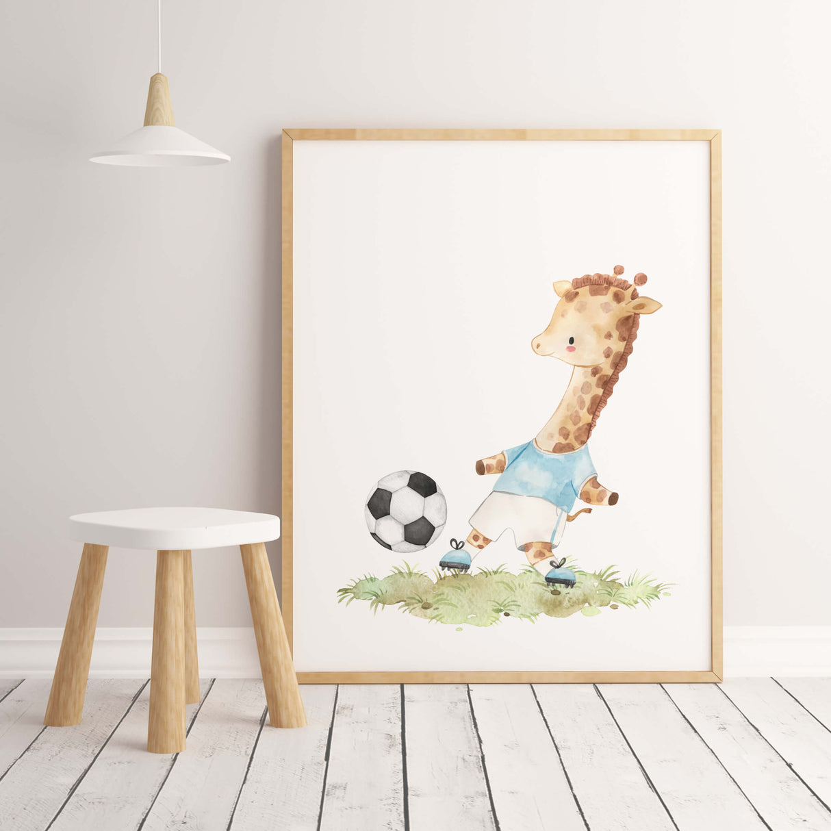 Watercolor football giraffe print for toddler room decor and baby boys room decor.