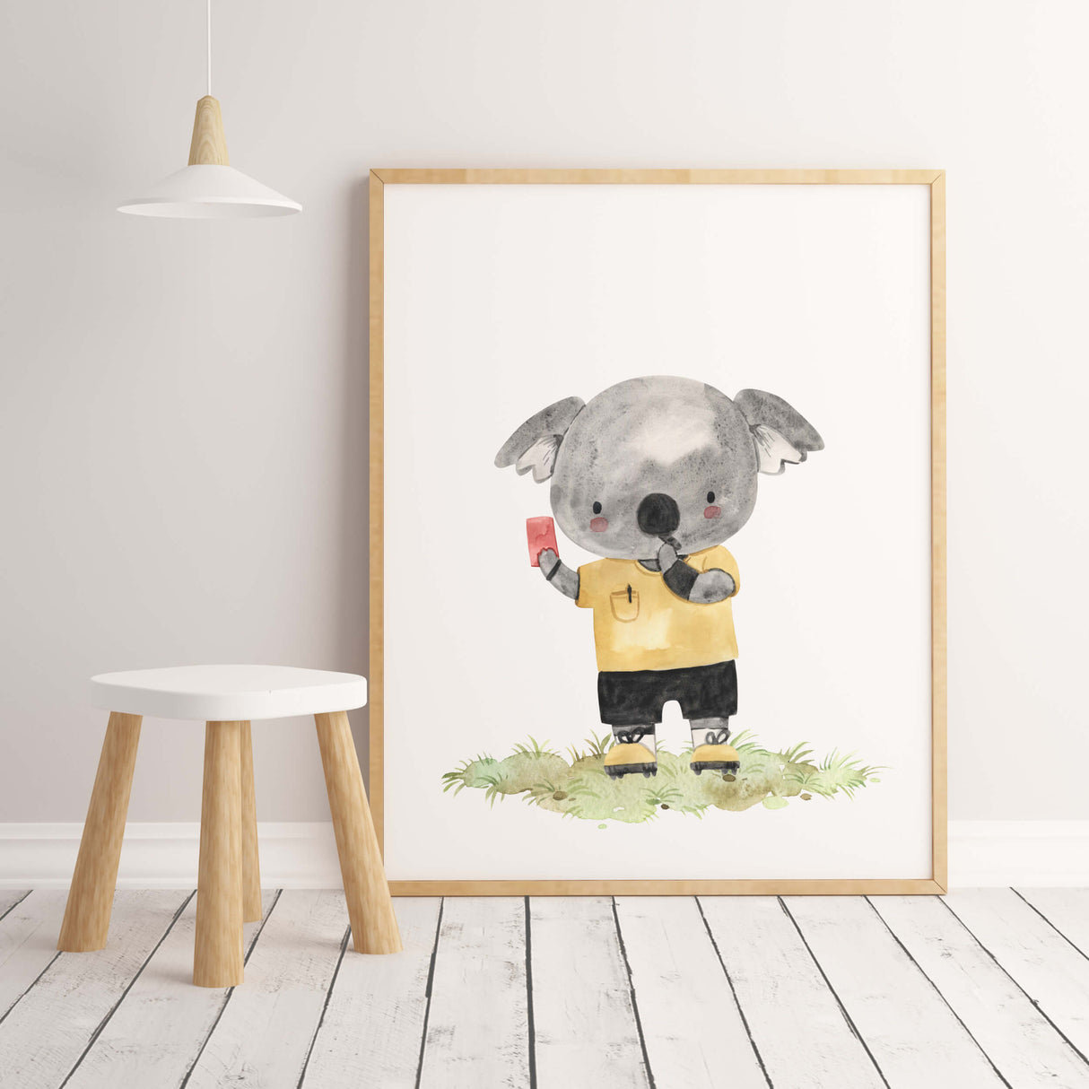 Watercolor soccer animals print for toddler room decor and baby boys room decor.