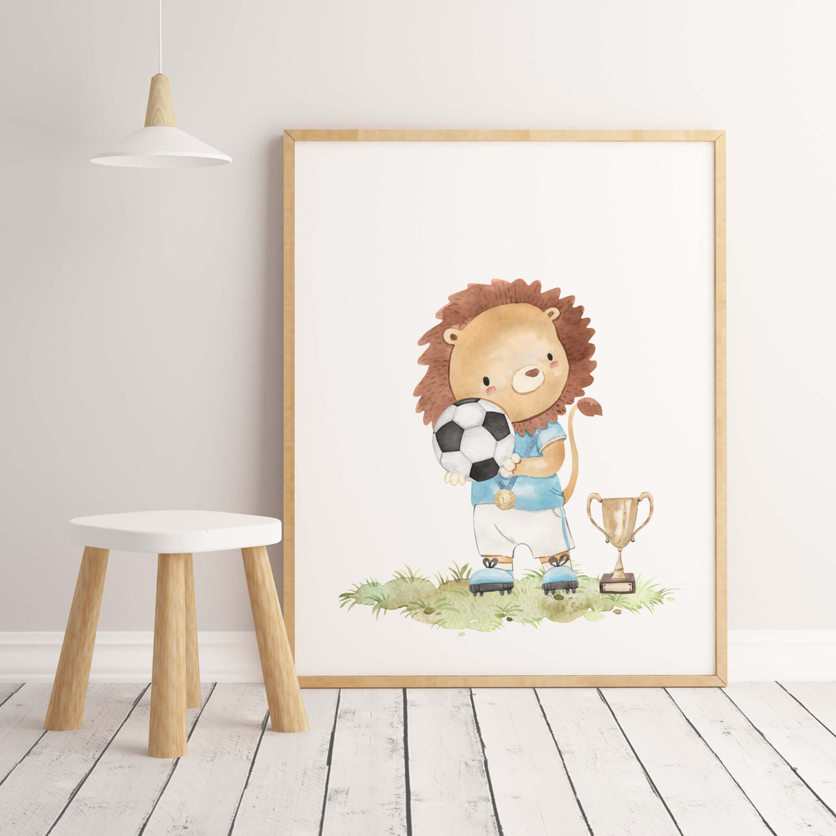 Watercolor soccer lion print for toddler room decor and baby boys room decor.