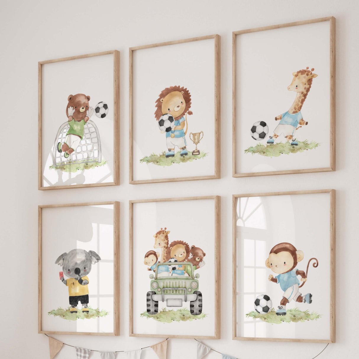 Watercolor soccer animals print for toddler room decor and baby boys room decor.