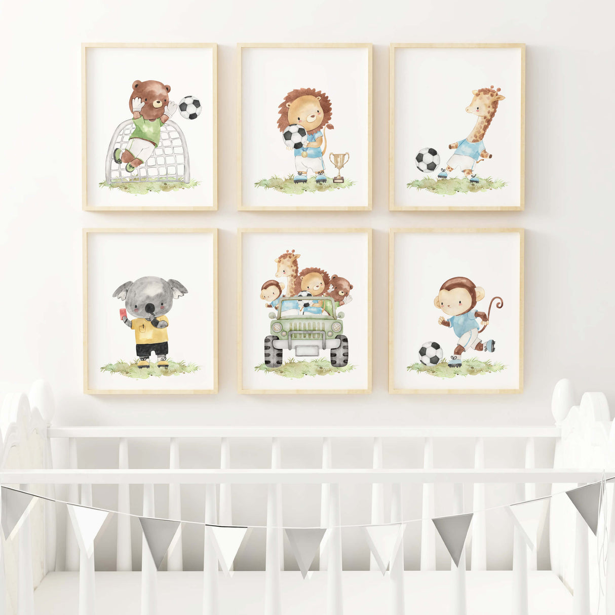 Watercolor football animals print for toddler room decor and baby boys room decor.